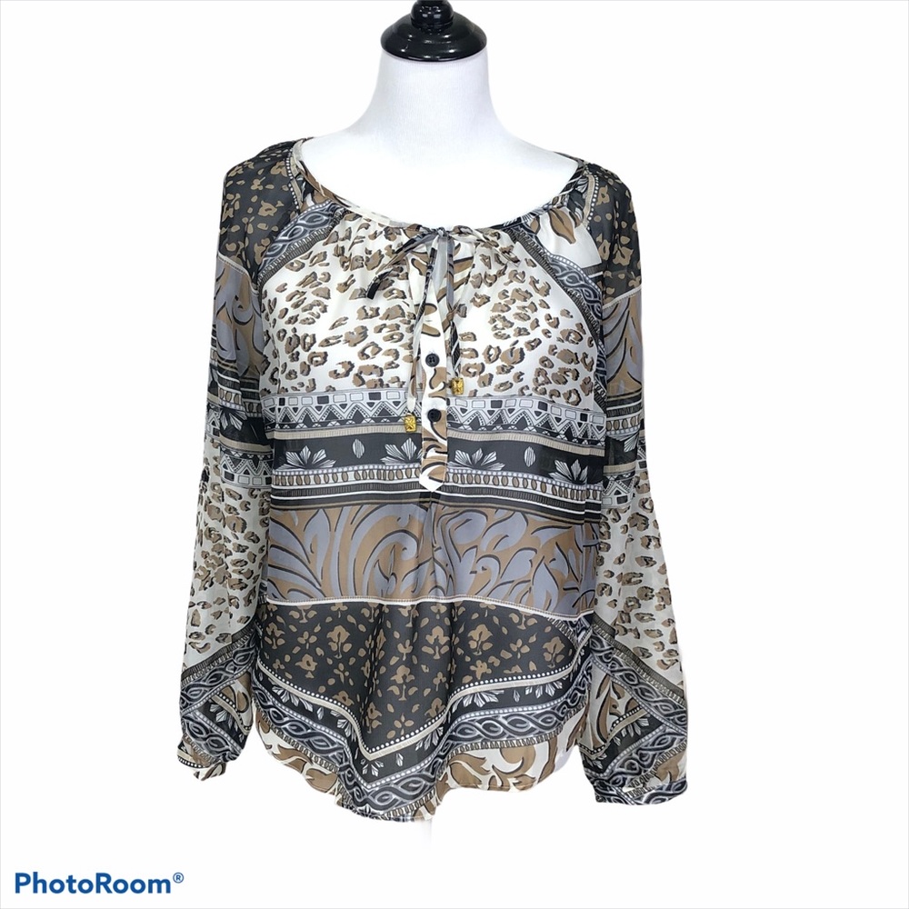 Carmen Marc Valvo long sleeve loose fit front tie blouse